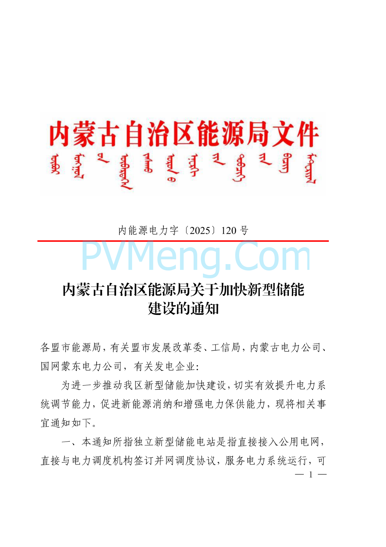 内蒙古自治区能源局关于加快新型储能建设的通知（内能源电力字〔2025〕120号）20250312