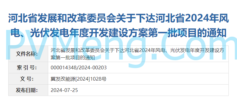 关于下达河北省2024年风电、光伏发电年度开发建设方案第一批项目的通知（冀发改能源〔2024〕1028号）20240725