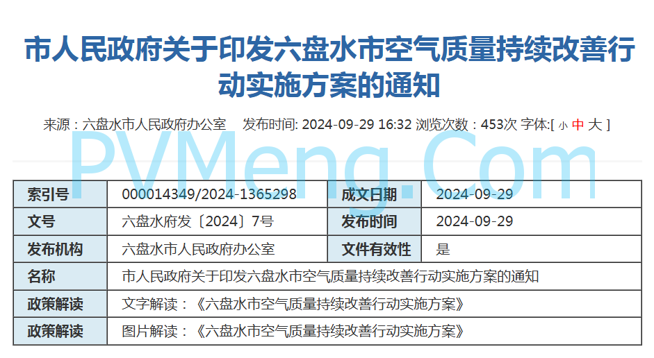 贵州省六盘水市人民政府关于印发六盘水市空气质量持续改善行动实施方案的通知（六盘水府发〔2024〕7号）20240929