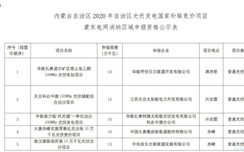 内蒙古自治区能源局关于2020年光伏发电国家补贴竞价项目申报资格的公示20200528